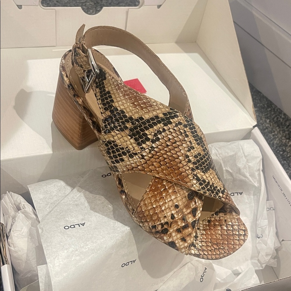 Aldo Brown Snake Print Block Heel Sandals